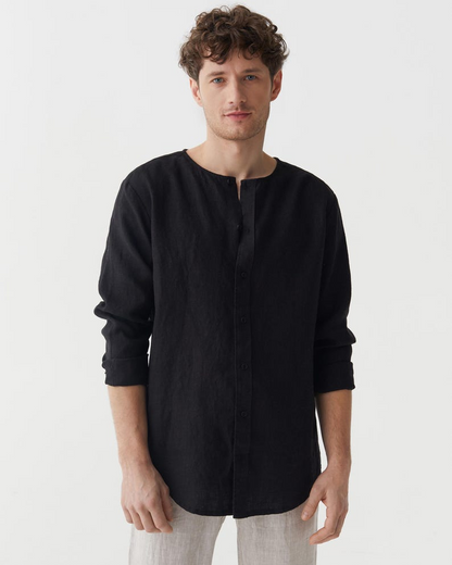 Men’s Black Linen Shirt with Banded Collar