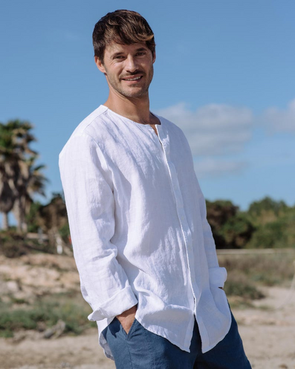 Men’s Black Linen Shirt with Banded Collar