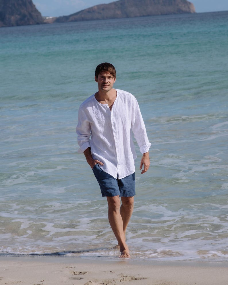 Men’s Black Linen Shirt with Banded Collar