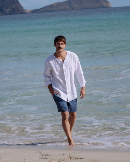 Men’s Black Linen Shirt with Banded Collar